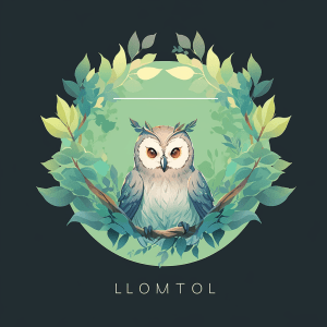 AI generated: UI logo design, owl surrounded by leaves with forest backdrop, wise brown owl with soft green and li...