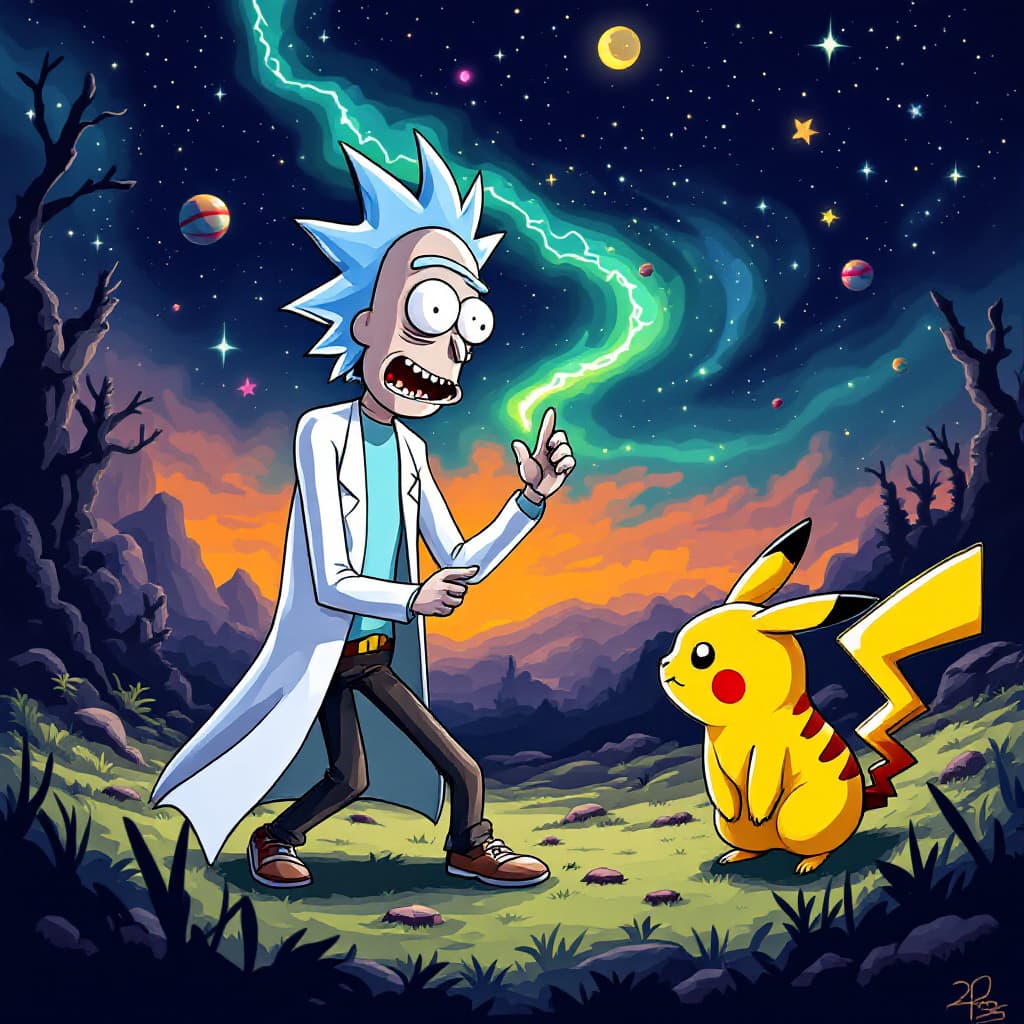 AI generated: Make a illustration mash up of Rick and Morty and Pikachu
