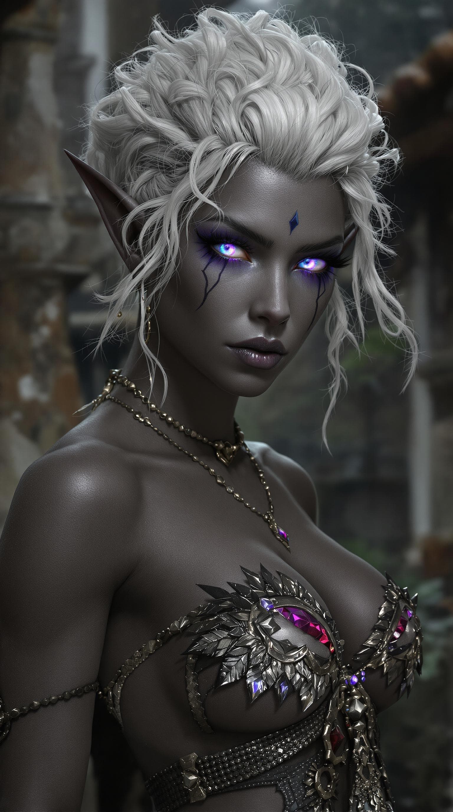 AI generated: Waist high portrait, hip shot, gray-skinned sexxxy, beautiful drow elfwoman | muscular | dark gray s...