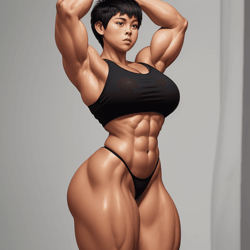 AI generated: big thick legs, oily, strong huge latissimus, muscle girl, short hair, wide hips, strong shoulders, ...