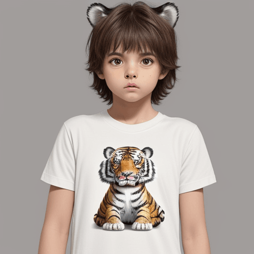 AI generated: A small tiger with t-shirt and face is cute