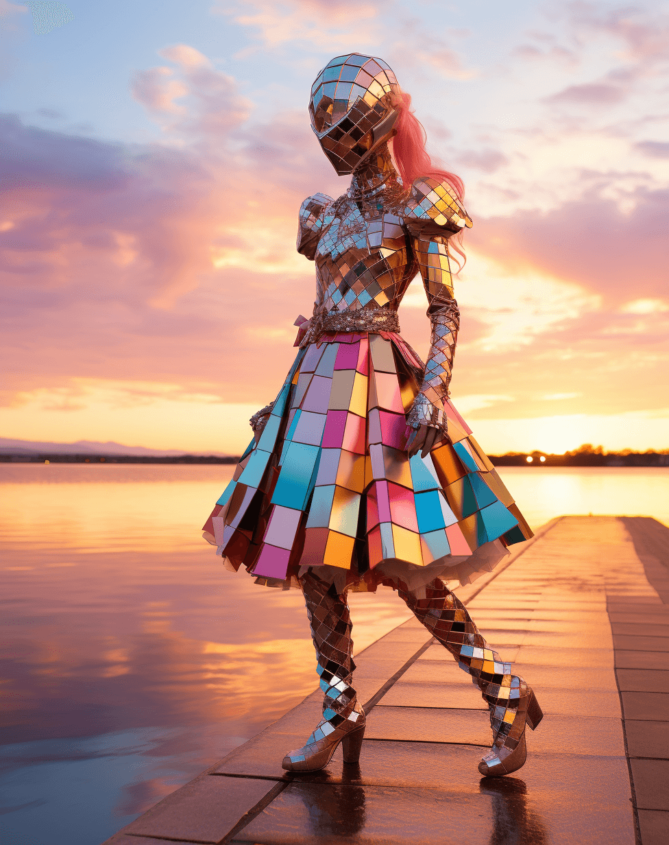 AI generated: a woman in a shiny outfit stands by the water, in the style of sandalpunk, light silver and pink, vi...
