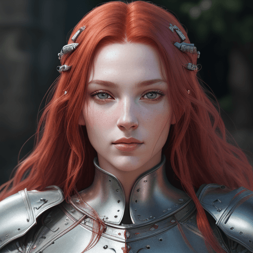 AI generated: portrait of a female in silver medieval armor, fine realistic crimson red hair, attractive, looking ...