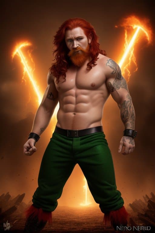 AI generated: photoart of a leprechaun as a brutal red-haired man, 32k, style expressive, high quality, expressive...