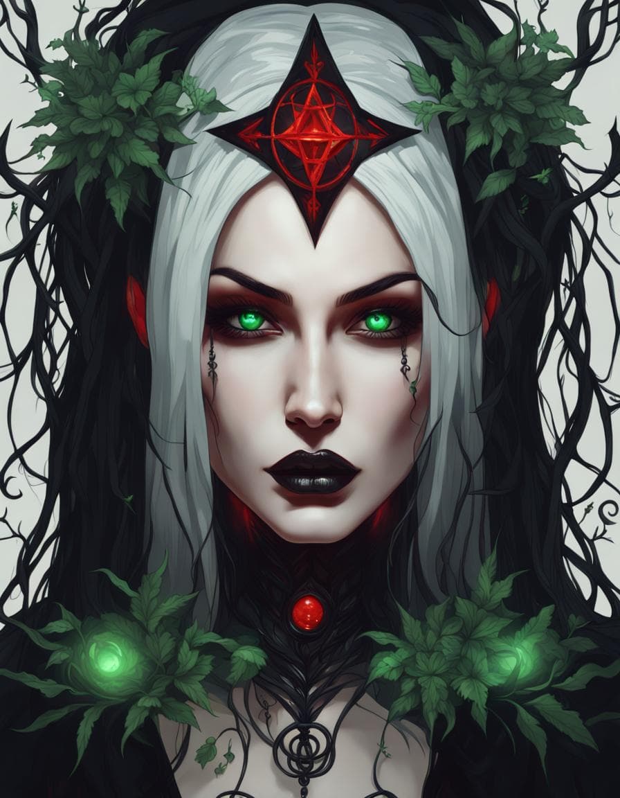 AI generated: portrait of beautiful witch woman, necromancer, long black shiny hair, green glowing eyes, full red ...