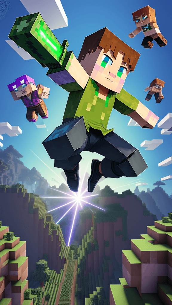 AI generated: (style: minecraft)(character: boy)(action: jumping)(action: shooting a laser gun)(action: feet of th...