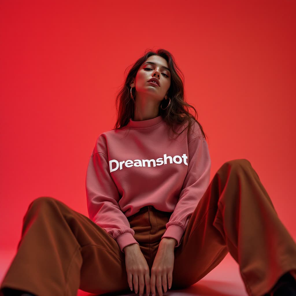 AI generated: wide and low angle, cinematic, fashion photography for the brand Dreamshot. Woman sitting on floor w...