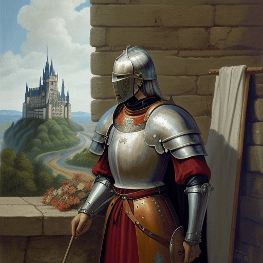 AI generated: Painting of a knight looking down in despair. Background has a castle.