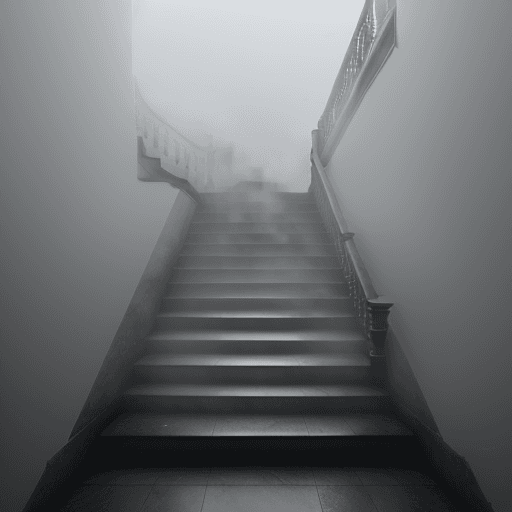 AI generated: A staircase covered in mist. Grey background
