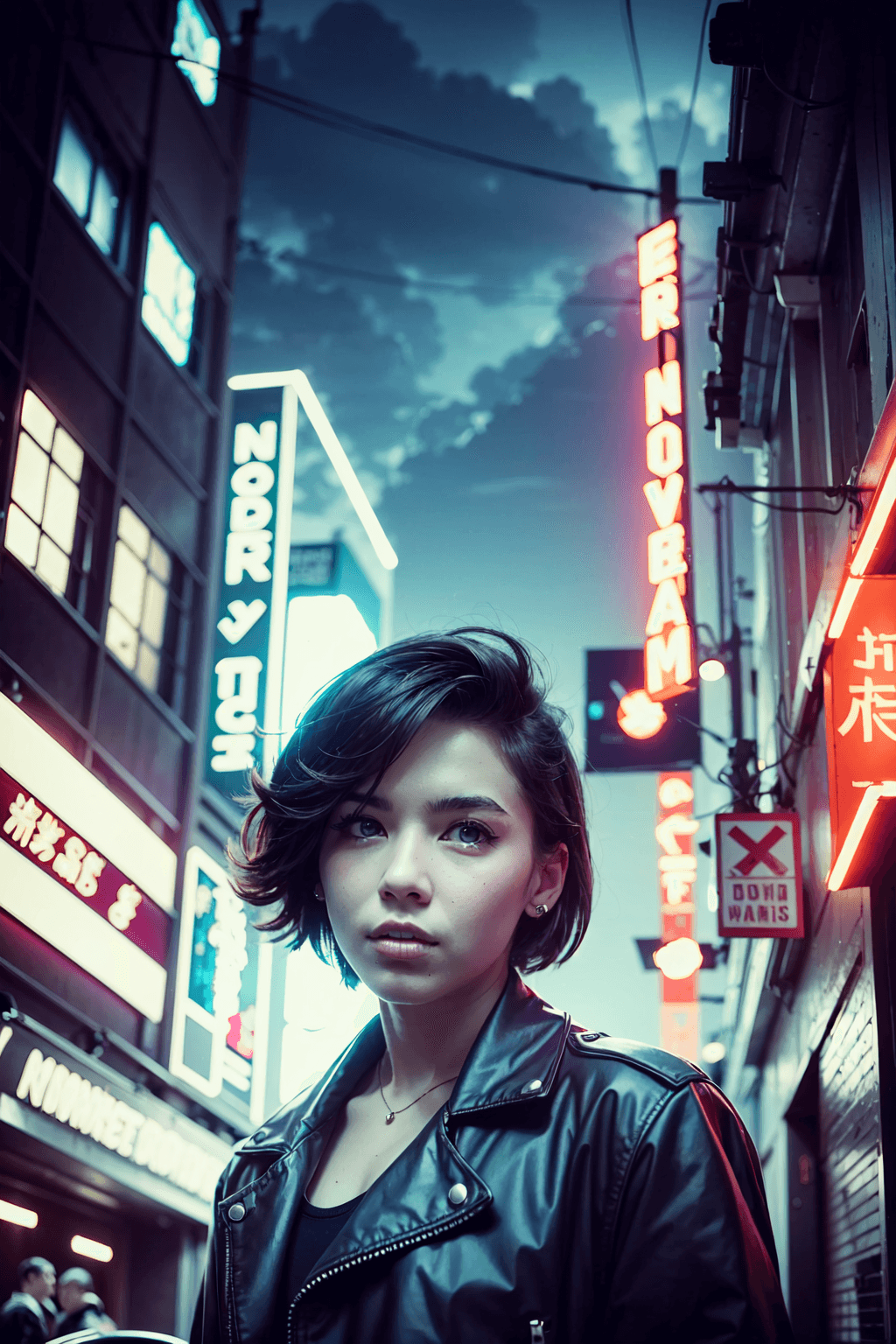 AI generated: a detailed portrait of European Pretty Young Girl Storm Rain movie Jacket coat, Futuristic sci-fi fa...