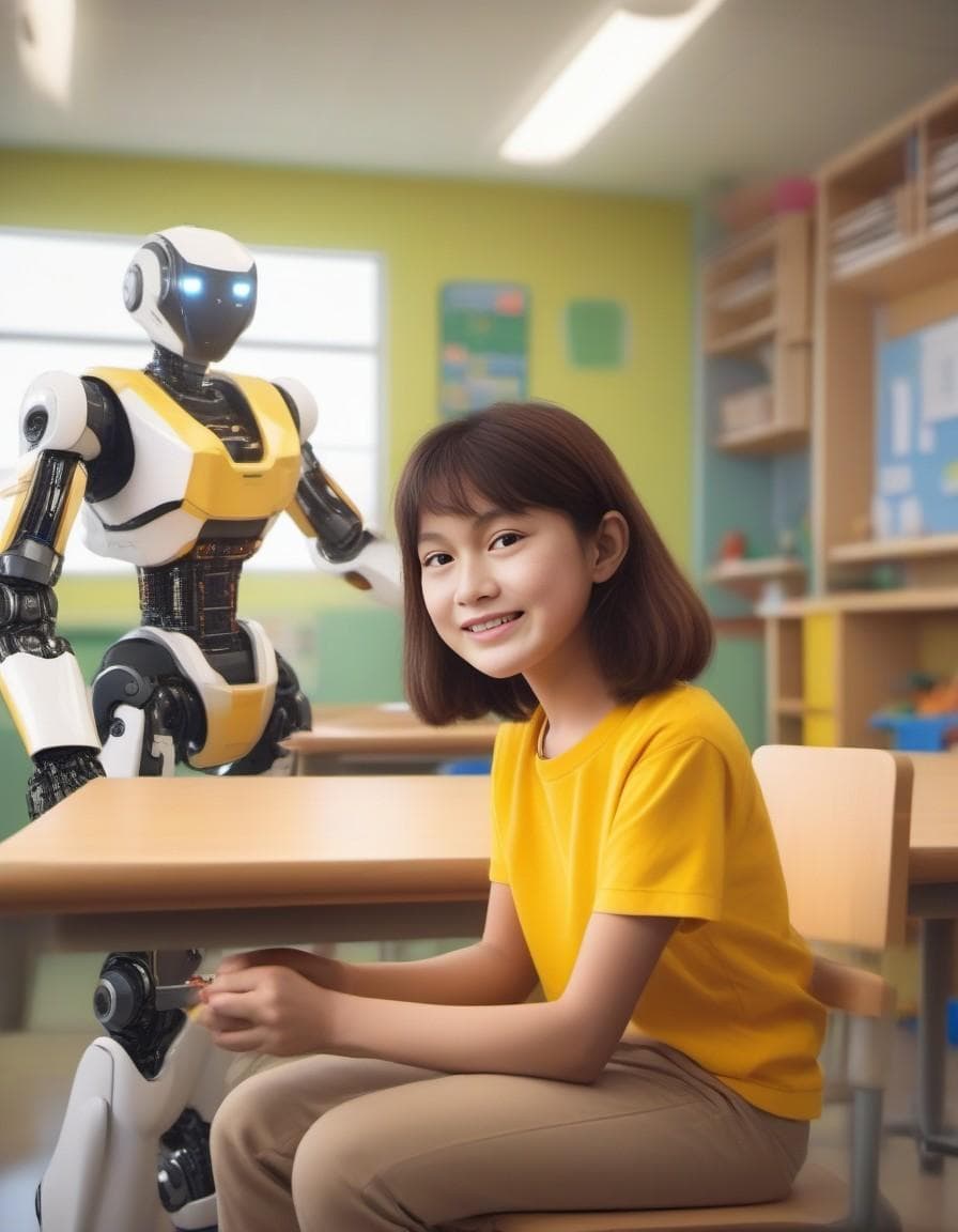 AI generated: A 13-year-old student, wearing a yellow t-shirt, interacting with a robot humanoid teacher in a clas...