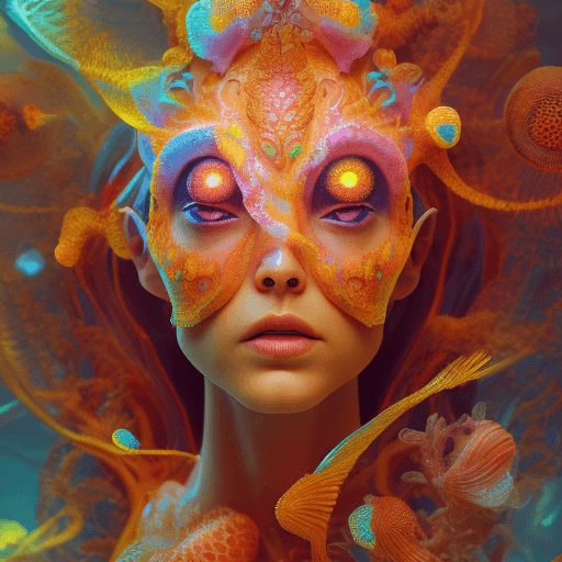 AI generated: Goddess close-up portrait ribcagel. jellyfish phoenix head, nautilus, orchid, skull, betta fish, bio...