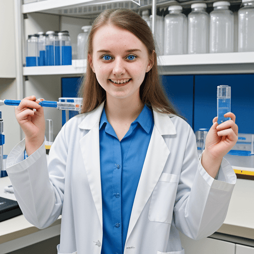 AI generated: 24 year old girl, analytical chemist, standing in lab, grinning, lab coat, fume cupboard in backgrou...