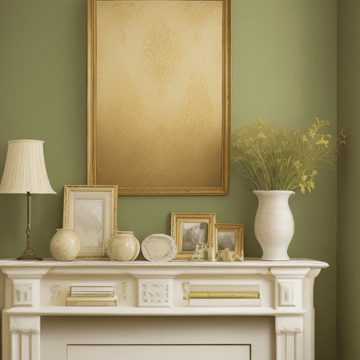 AI generated: Picture for the living room with cream, green and gold colors