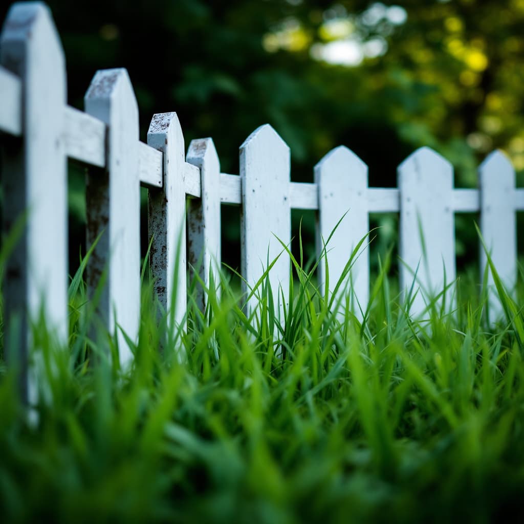 AI generated: picket fence in grass not a close up front view even further view