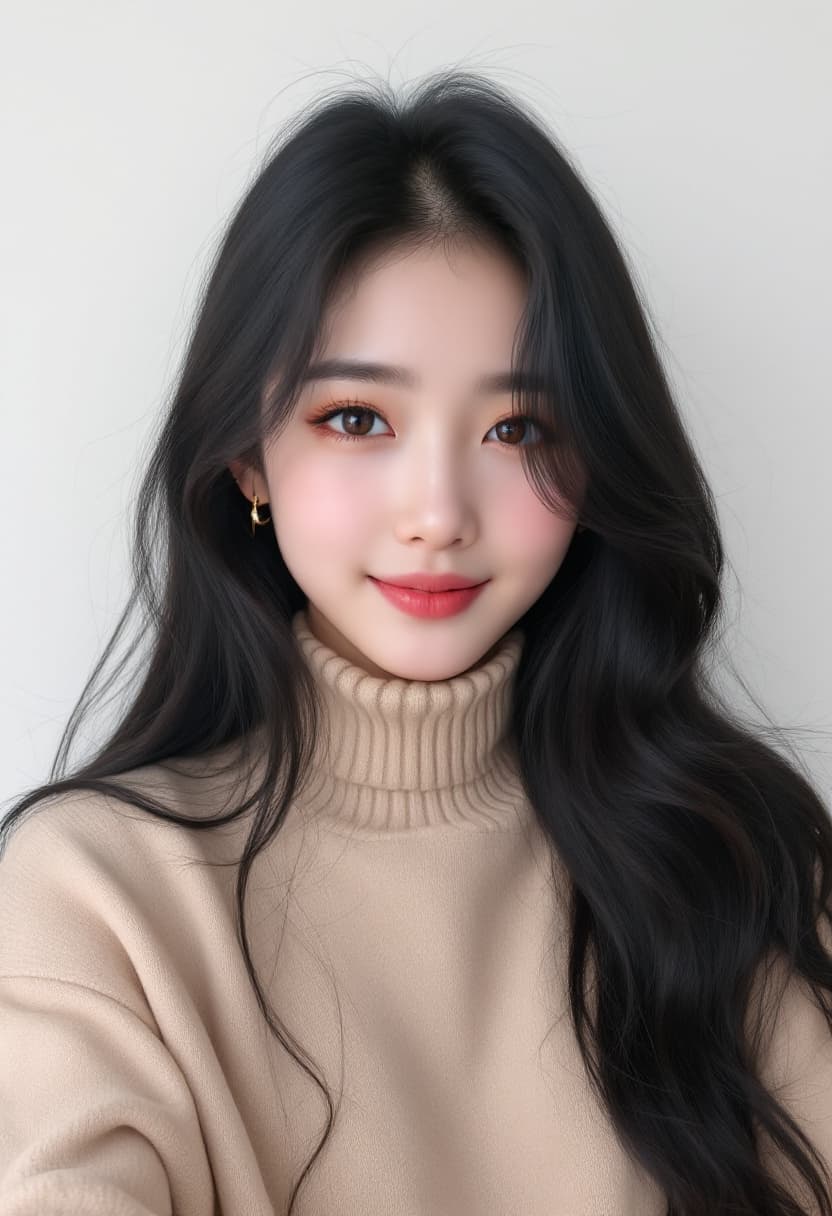 AI generated: Instagram selfie of a korean girl with long, glossy black hair cascading past her shoulders, framing...