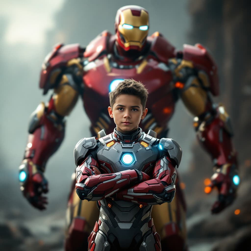 AI generated: The image is a stylized piece of concept art depicting a young boy and the Iron Man suit in a dramat...