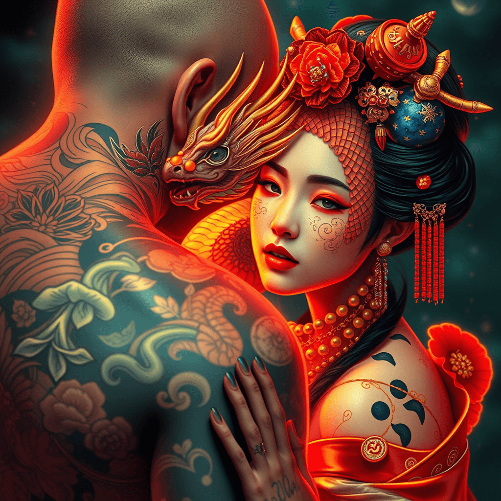 AI generated: Japanese dragon wrapped inside a geisha girl.--style raw --v 7