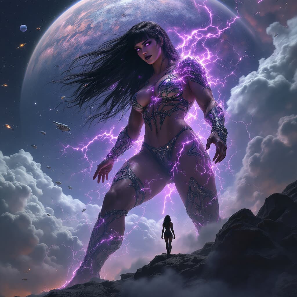 AI generated: truly enormous giantess female Rhea Ripley from WWE with black medium length hair and straight bangs...