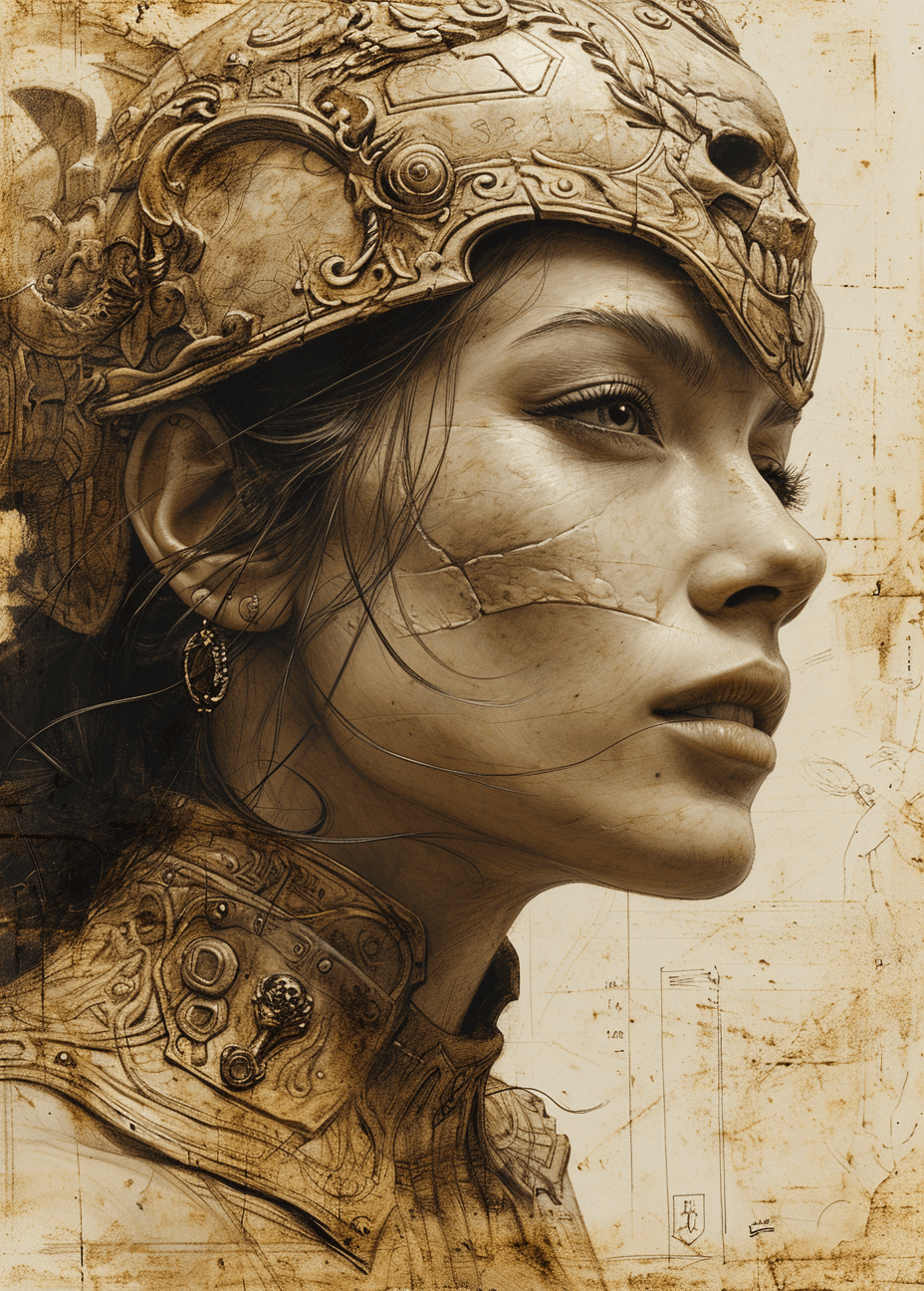 AI generated: a drawing of a person with a skull helmet on her head, in the style of pinturicchio, dragon art, orn...