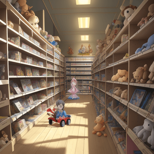 AI generated: 2d image for a fairy tale for children,
in the corner of the store there are tall shelves with thous...
