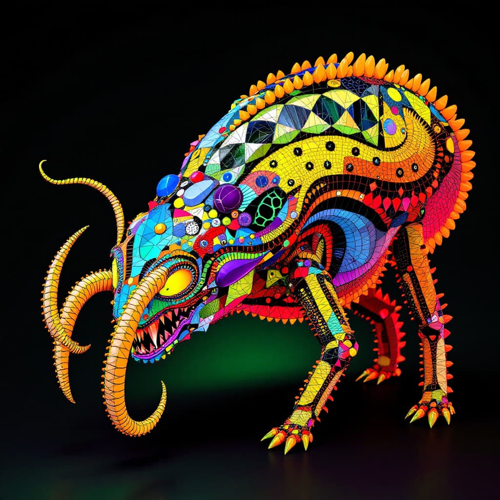 AI generated: mosaic of an alien animal in neon colors, Eames, Mies van der Rohe, Howard Finster, hyperrealistic