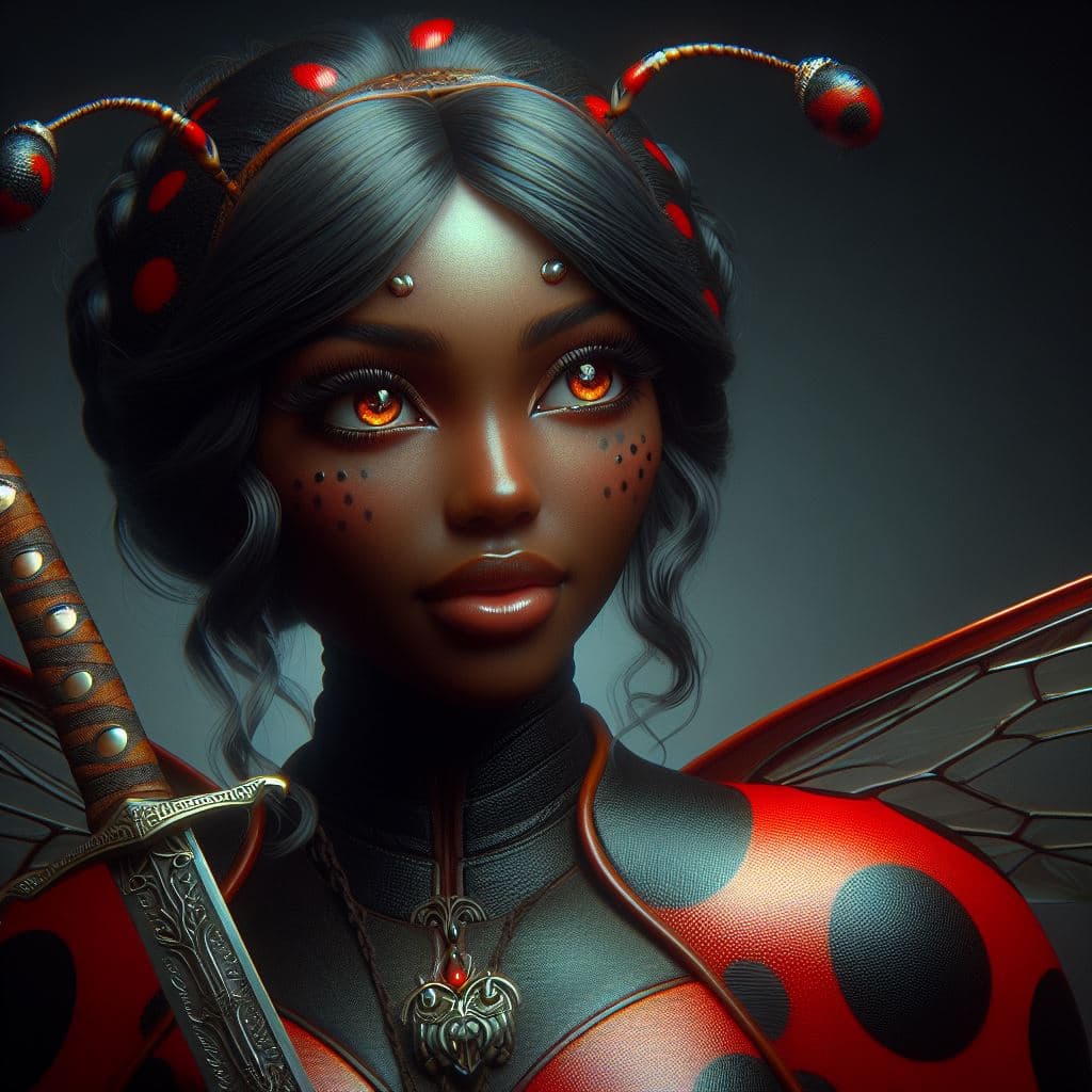AI generated: a ladybug with a human face, female ladybug hybrid  with dragon eyes,  sword, fantasy character port...
