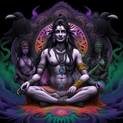 AI generated: lord shiva smoking a chillum surrounding by ravens, enviroment apocalypse and end of the world, psyc...