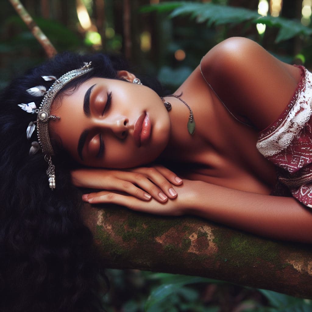 AI generated: beautiful brazilian indian princess asleep on her back, lying on a rainforest
