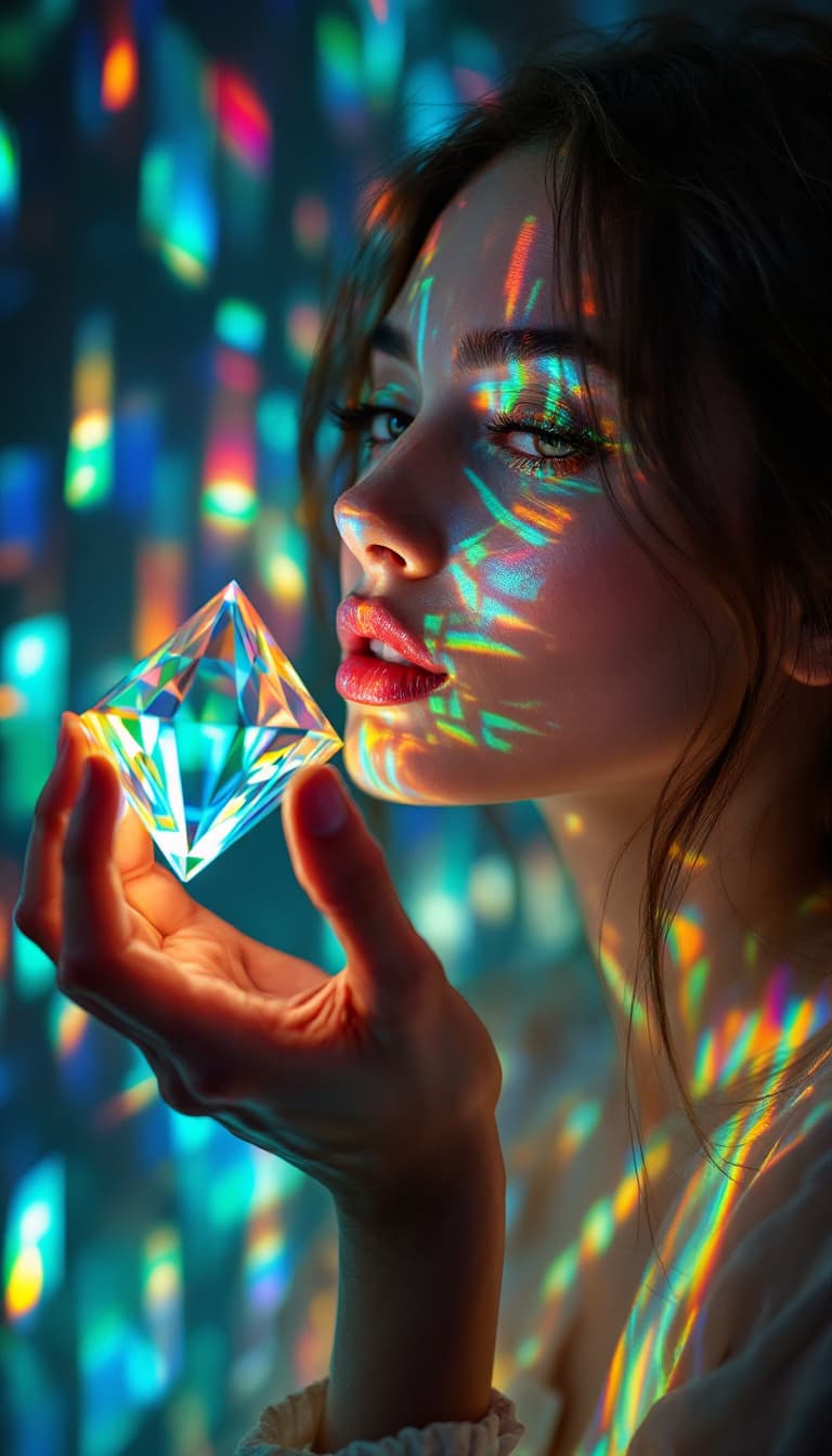 AI generated: Holographic Art, Refracted Light, Shifting Patterns, Futuristic, Woman Holding a Prism Reflecting, C...