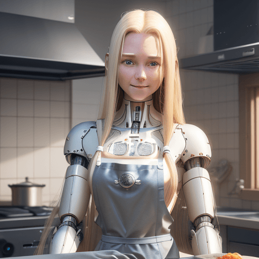 AI generated: Bare skin, apron, kitchen, cooking, cutting, long hair, hair, smooth hair, blonde hair, European, bl...