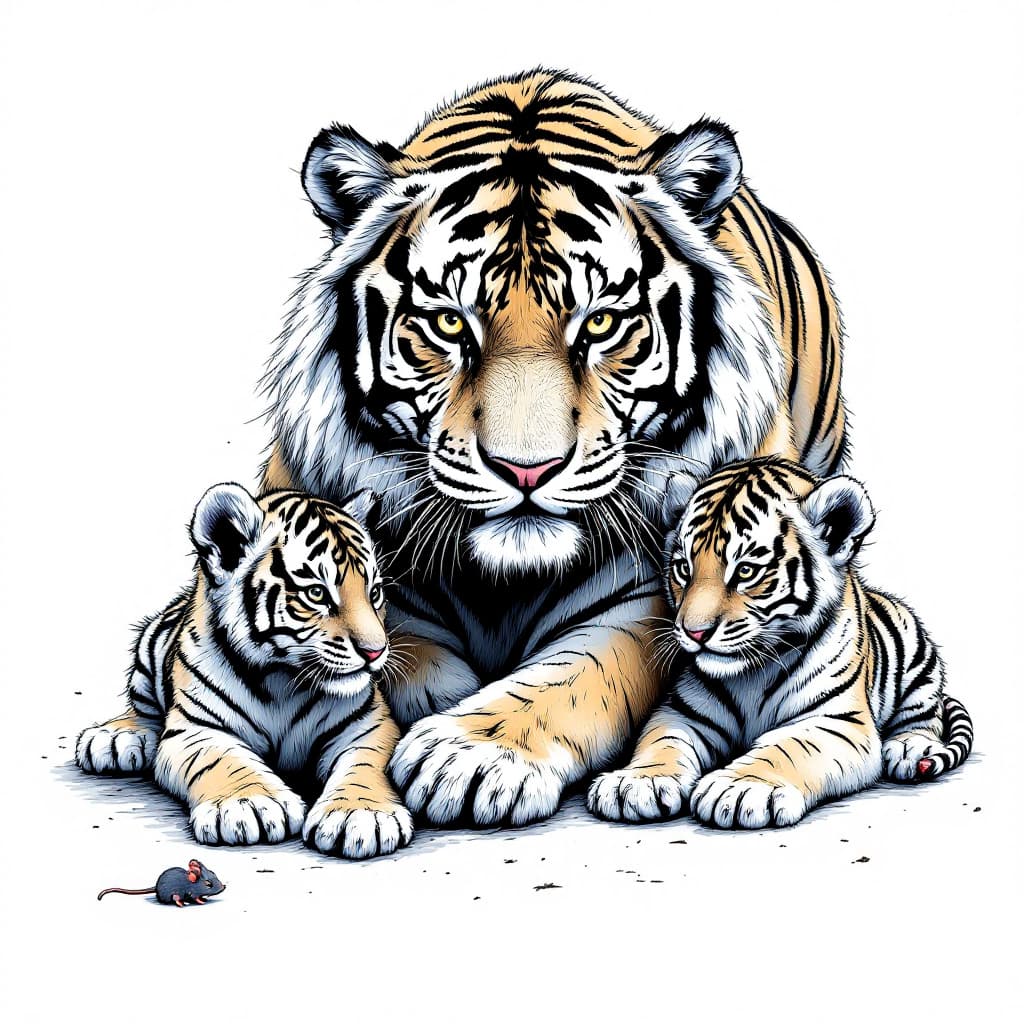 AI generated: A tiger and two tiger cubs, and a small mouse in black white and blue,ferocious, detailed,full-body ...