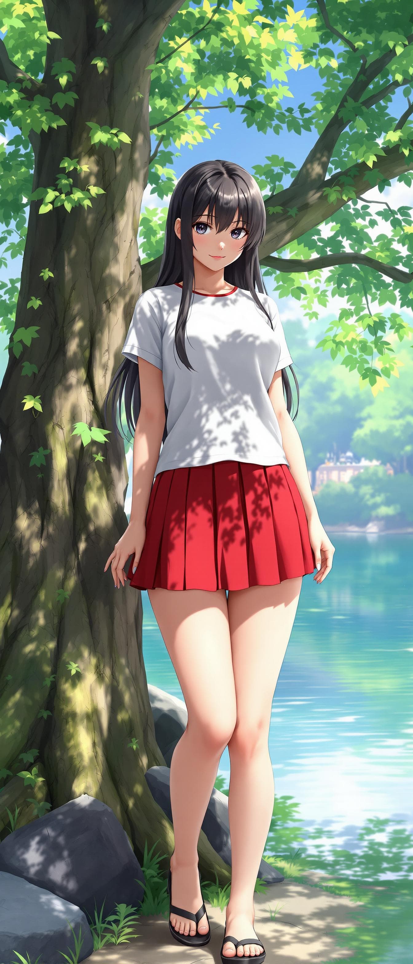 AI generated: realistic anime style , a girl, perfect anatomy, wearing a white short sleeves shirt, red pleated mi...
