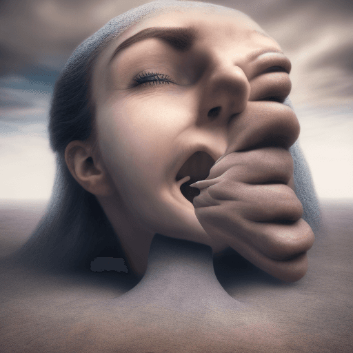 AI generated: Prompt: Surreal photograph of a colossal woman with an open mouth, elegantly dropping miniature peop...