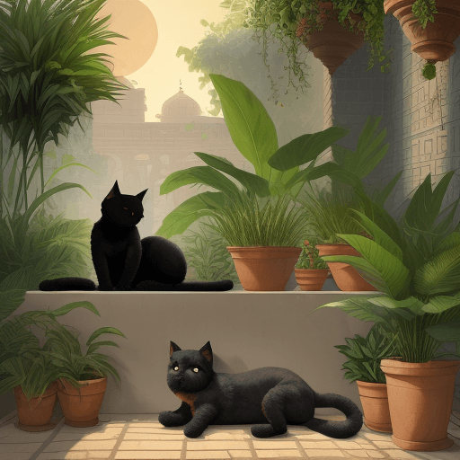 AI generated: The hanging gardens of ancient babylon. Heat and humidity. Sunrise.Vegetation. A small black cat and...