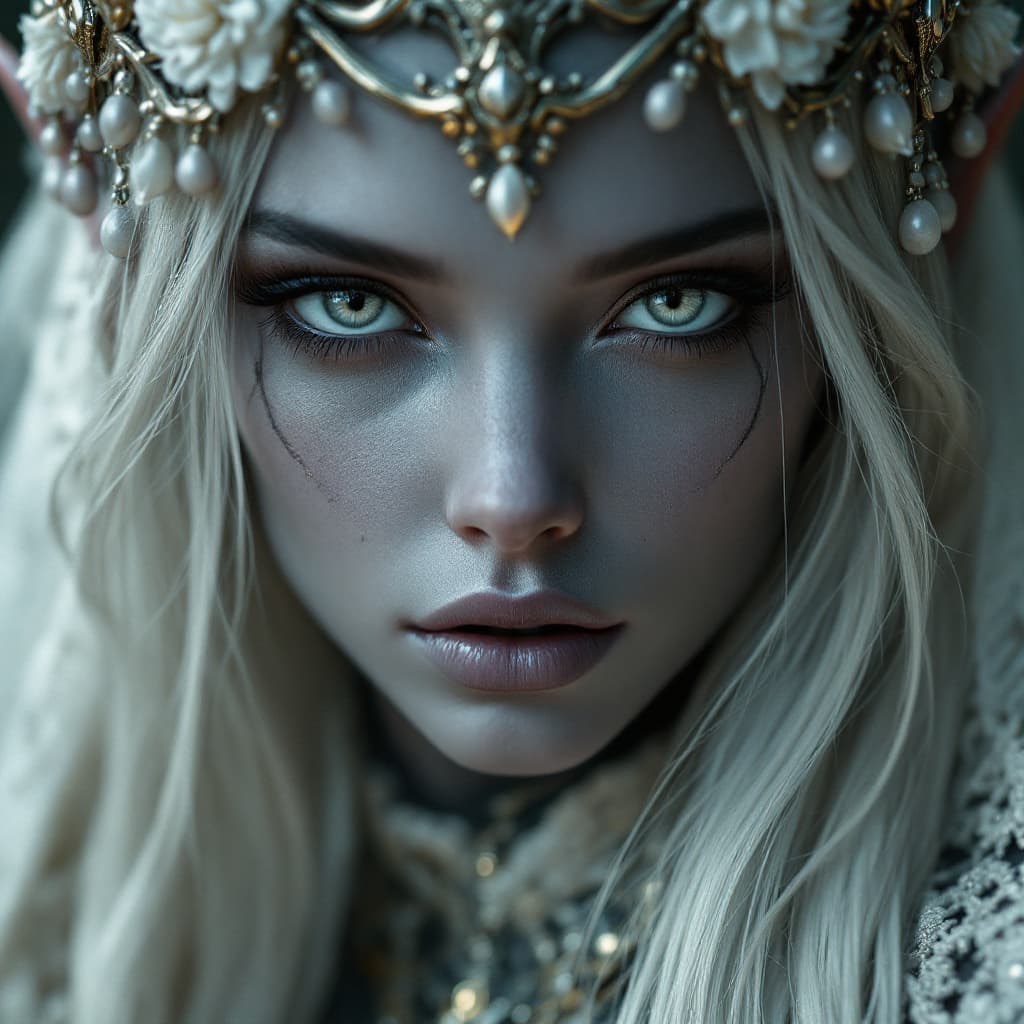 AI generated: photorealistic close-up portrait drow elf. sultry warrior, magic aura!!!, onyx skin, beautiful face,...