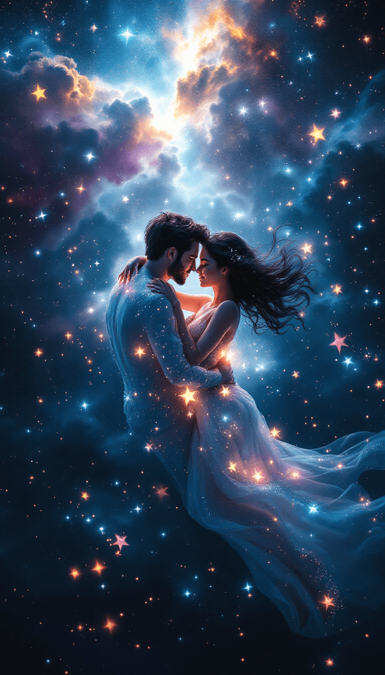 AI generated: A romantic, dreamlike scene of a couple swimming together through the cosmos, surrounded by glowing ...