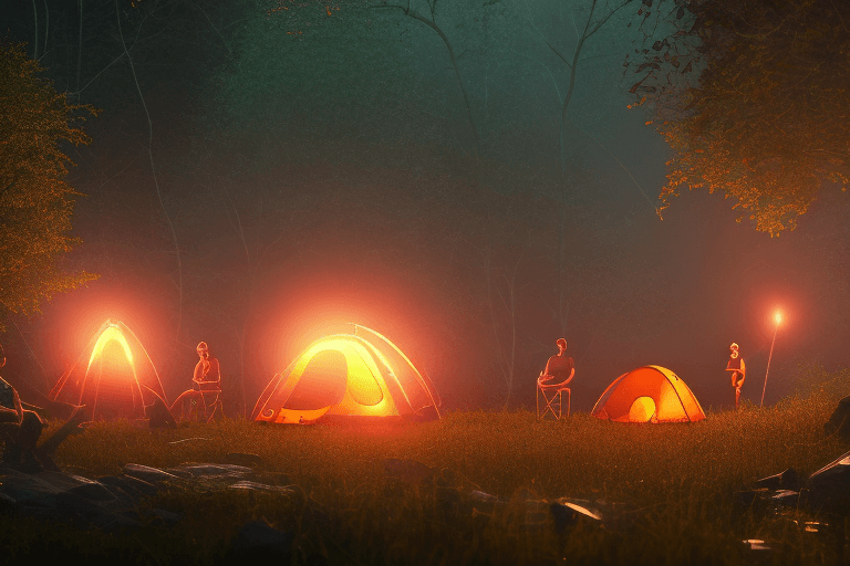 AI generated: Dark night time campsite, with a few explorers with scientific gear, resting and relaxing at the riv...