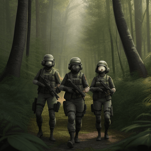AI generated: Pixar Disney poster 4k. 3 USEC Operators from the video game escape from tarkov. In a forest. Light,...