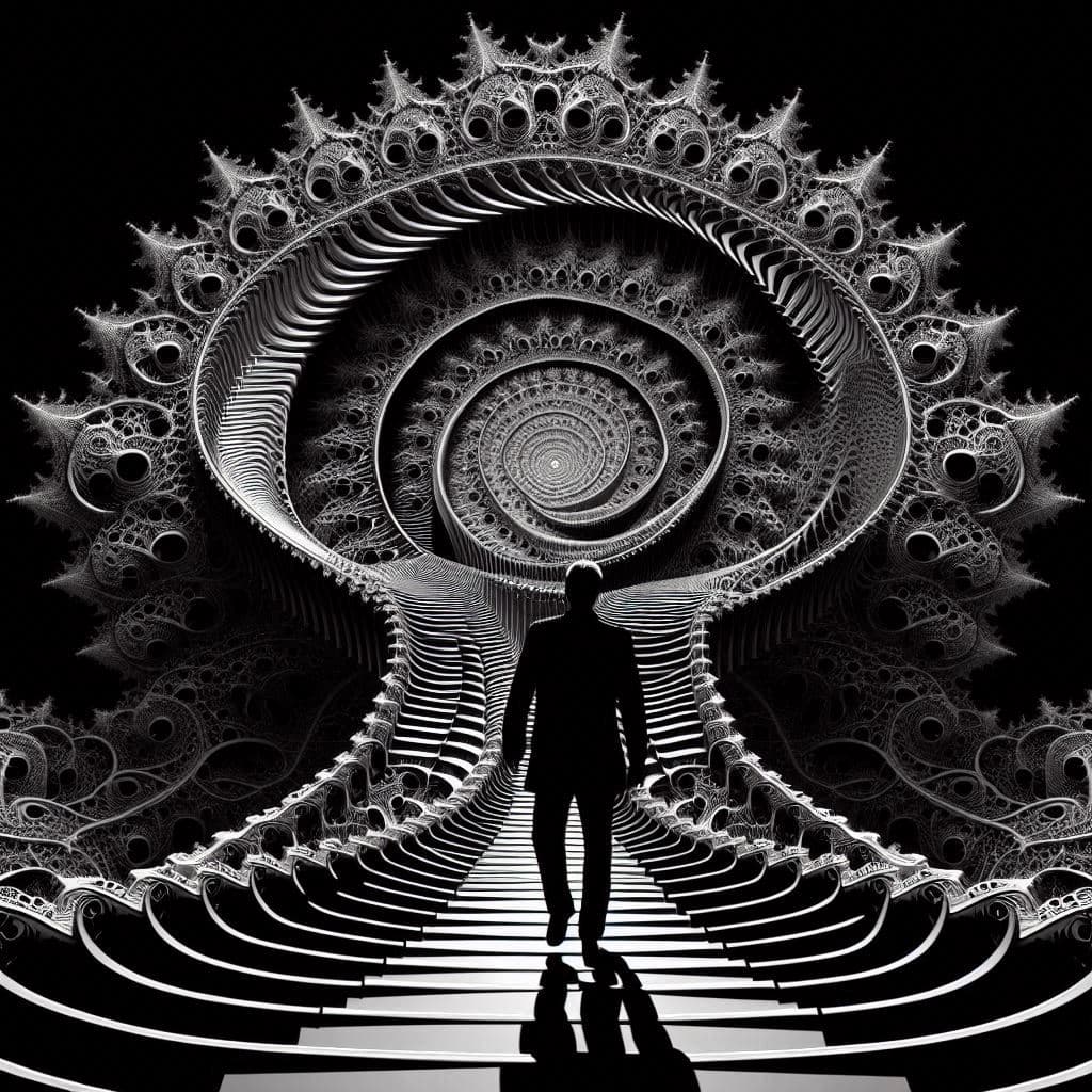AI generated: A Mandelbrot man walking the Escher staircase, black background, 8k