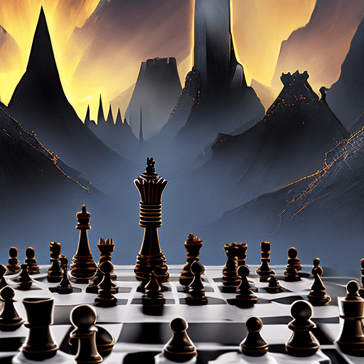 AI generated: Digital artwork of a fantastical chess game set in the foreground with a towering dark knight and a ...