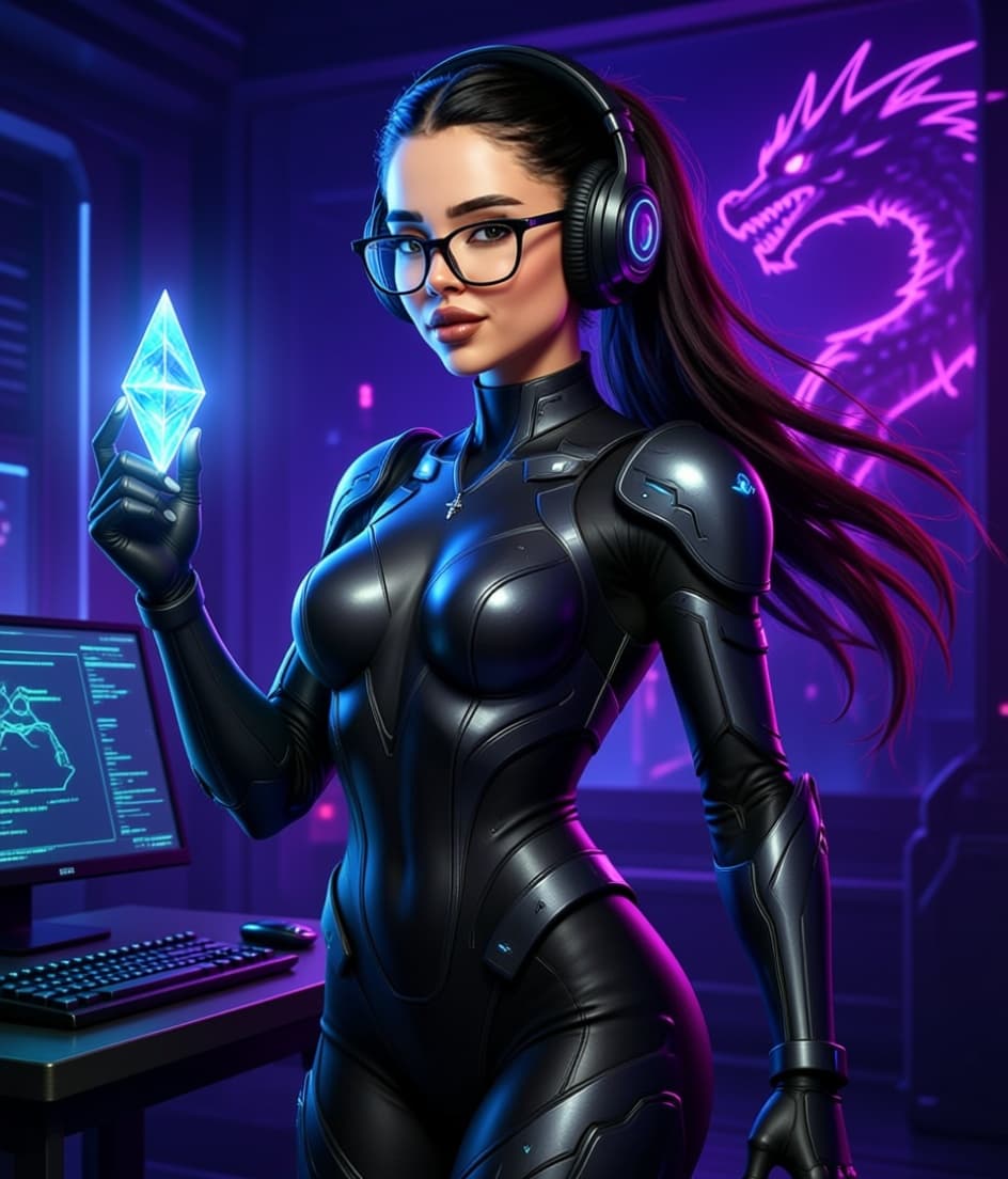 AI generated: A vibrant, cyberpunk-style art illustration of a confident woman in a sleek, black armored bodysuit ...