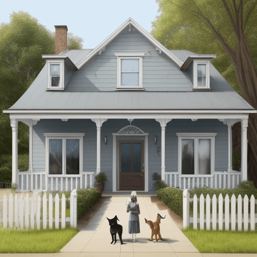 AI generated: house with person in front with a dog and a cat next to them. The house has a big sign that says "FO...