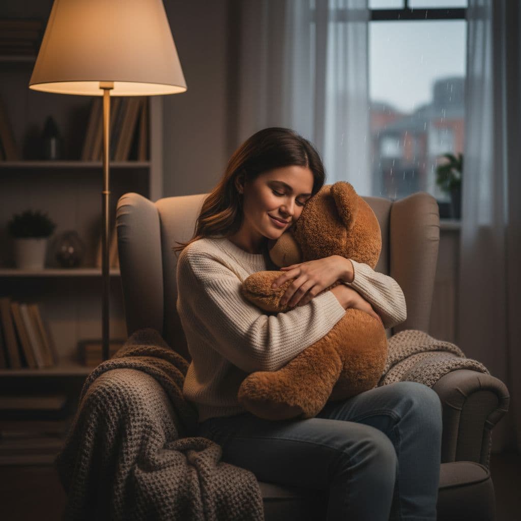 AI generated: A woman holding a teddy bear on her chest."