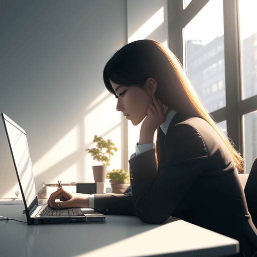 AI generated: Photo, side view of stylish beautiful girl using computer, in high-end office, grandeur, soft sunlig...