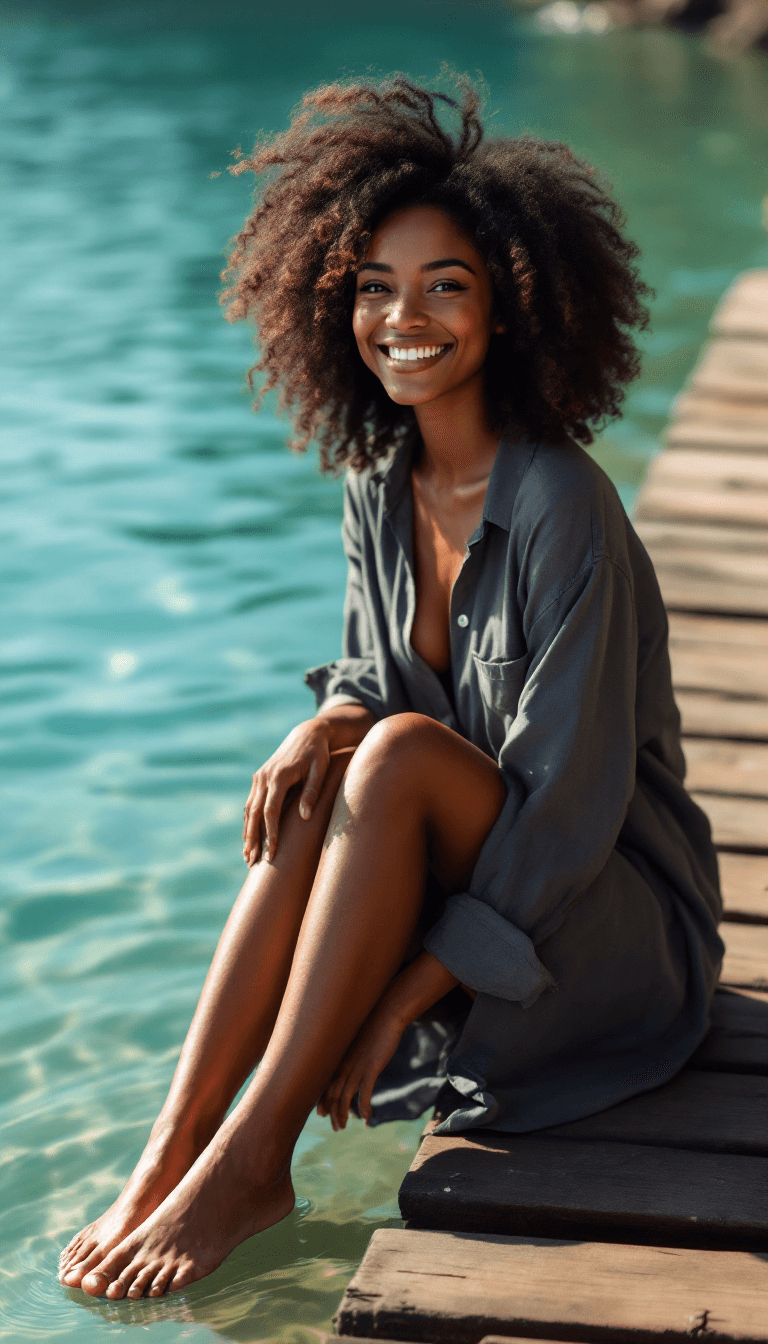 AI generated: Black 35 years old woman in a casual dress with rolled sleeves, sitting on the edge of a wooden pier...
