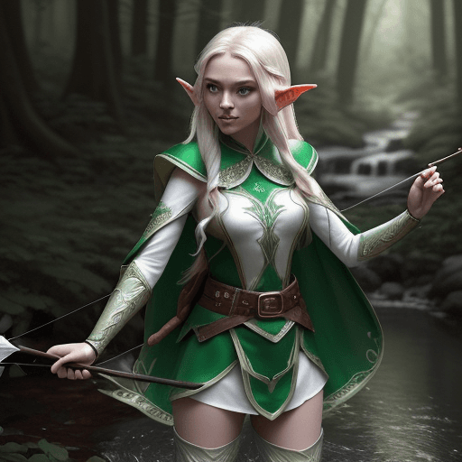 AI generated: an elf dressed in a costume standing in a stream with arrows on her belt, in the style of dark white...