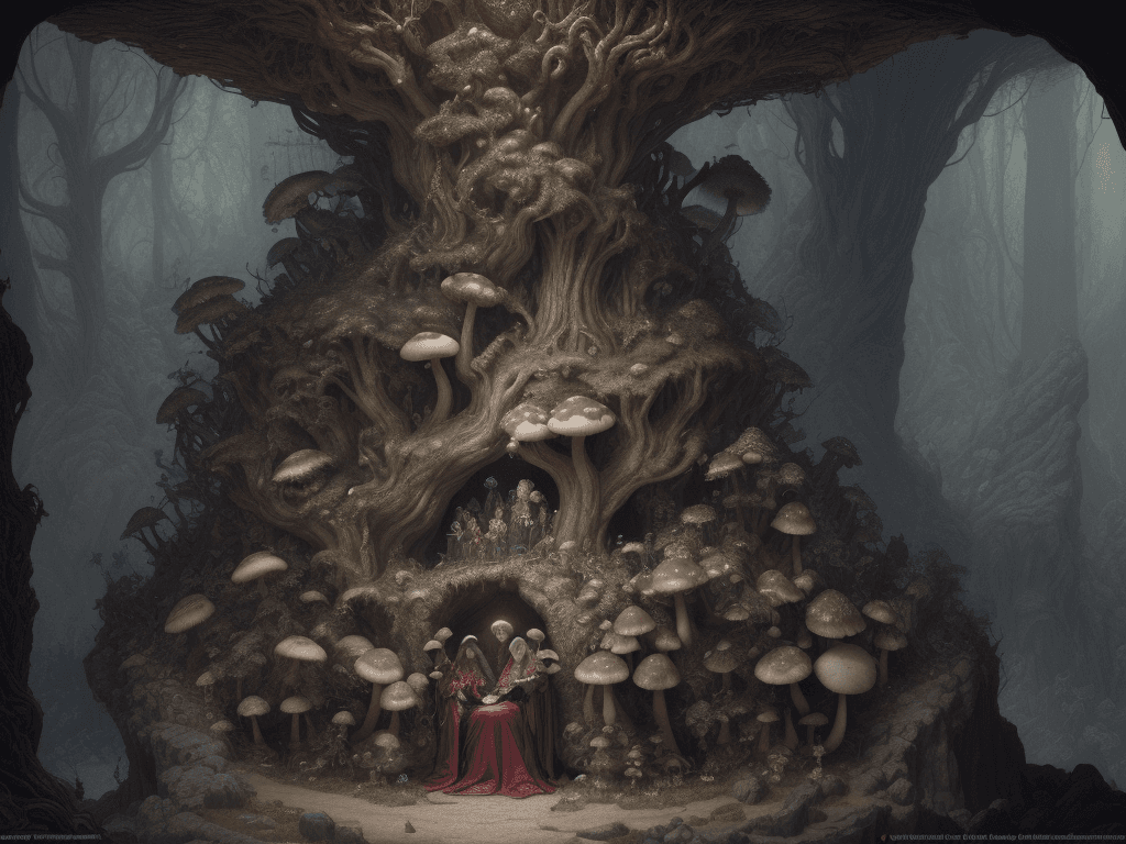 AI generated: many mushroom people, intricate, realistic faces, detailed portrait, detailed faces, insanely detail...