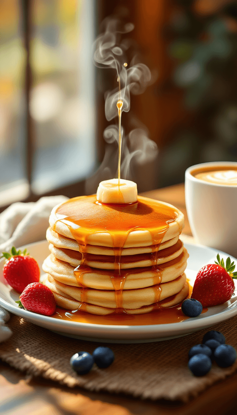 AI generated: A stack of golden-brown pancakes sits on a white ceramic plate, drenched in glossy maple syrup casca...