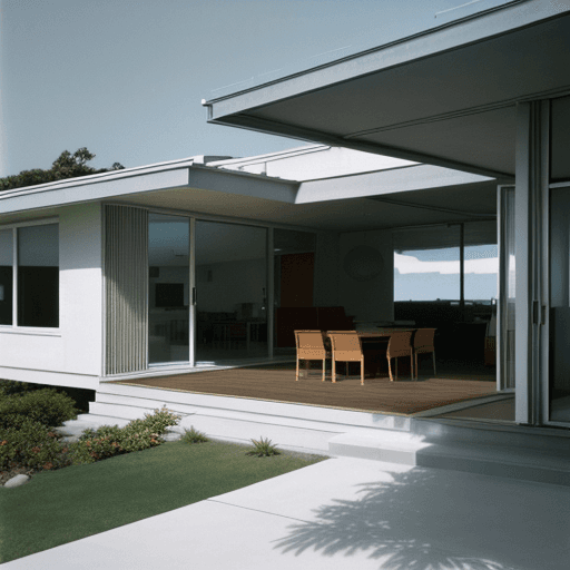 AI generated: Hyper realistic eye level exterior photo of a mid century modern style house overlooking the ocean, ...